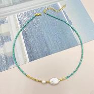 Elegant Freshwater Pearl Oval Pendant Necklaces, Natural Amazonite Beaded Necklaces for Women, 15.35 inch(39cm)(YO9740-2)