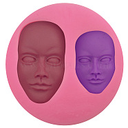 3D Girl & Man Face Silicone Mold, for Fondant, Polymer Clay, Soap Making, Epoxy Resin, Doll Making, Hot Pink, 74.5x18.5mm, Inner Diameter: 48.5x28.5mm and 36.5x22.5mm(X-DIY-L045-005)