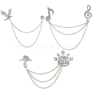 3Pcs 3 Style Crown & Eagle & Music Note Crystal Rhinestone Hanging Chain Brooches, Alloy Lapel Pins for Career Suit Tuxedo of Shirts Tie Hat Scarf, Platinum, 115~180mm, Pin: 0.7~1mm, 1Pc/style(JEWB-GF0001-34)
