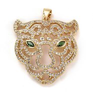 Brass Micro Pave Clear & Green Cubic Zirconia Pendants, Long-Lasting Plated, Lead Free & Cadmium Free, Tiger Head, Real 18K Gold Plated, 28.5x27x4.5mm, Hole: 5x3mm(ZIRC-E165-12G)