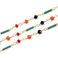 Brass Handmade Beaded Chains, with Colorful Faceted Glass Beads, Long-Lasting Plated, Unwelded, with Spool, Long Column, Light Gold, Column:19x2mm, bead: 12x3.5/12x4/13x4.5mm(CHC-M021-19LG)