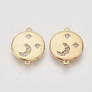 Brass Cubic Zirconia Links connectors, Real 18K Gold Plated, Flat Round with Moon & Star, Clear, Nickel Free, 16.5x13x2mm, Hole: 0.7~0.9mm(KK-N216-08)
