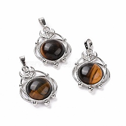 Natural Tiger Eye Pendants, Half Round Charms, with Rack Plating Platinum Tone Brass Planet, 34x25x8mm, Hole: 8x5mm(G-P496-05P-14)