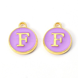 Golden Plated Alloy Enamel Charms, Enamelled Sequins, Flat Round with Letter, Medium Purple, Letter.F, 14x12x2mm, Hole: 1.5mm(ENAM-S118-10F)