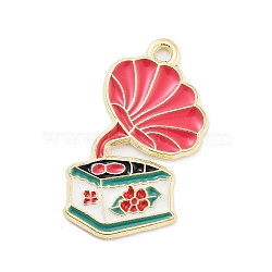 Alloy Enamel Pendants, Cadmium Free & Lead Free, Golden, Phonograph Charm, Cerise, 25x17x1mm, Hole: 1.6mm(PALLOY-S185-01G)