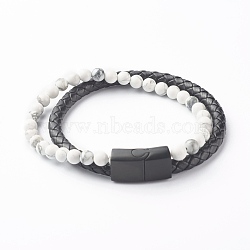 Natural Howlite Round Beads Multi-strand Bracelets, with Braided Cowhide Leather, White, 8-7/8 inch(22.5cm)(BJEW-JB06571-04)