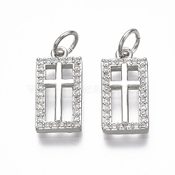 Brass Micro Pave Clear Cubic Zirconia Pendants, with Jump Ring, Nickel Free, Rectangle with Cross, Real Platinum Plated, 15x7.5x2mm, Hole: 3mm(KK-R133-004-03P-NF)