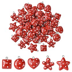 50Pcs 5 Styles Polka Dot Theme Opaque Resin Pendants, with Platinum Tone Alloy Loops, FireBrick, Mixed Shapes, 19.5~27x15.5~23x6~7mm, Hole: 2mm, 10pcs/style(RESI-CJ0005-50)