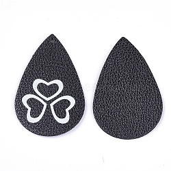 PU Leather Big Pendants, teardrop, with Shamrock Pattern, Irish Charms, Black, 56x37x1.5mm, Hole: 1.2mm(FIND-S311-007A-B)