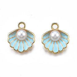 Alloy Pendants, with ABS Plastic Imitation Pearl & Enamel, Shell with Pearl, Light Gold, Sky Blue, 16x15x7mm, Hole: 1.5mm(ENAM-S119-034A-01LG)