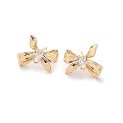 Brass Clear Cubic Zirconia Stud Earrings Finding for Women, with Loop, Bowknot, Real 14K Gold Plated, 15x18mm, Hole: 1.4mm, Pin: 12x0.7mm(KK-A244-13B-G)