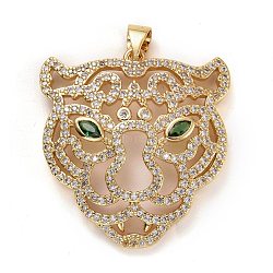 Brass Micro Pave Clear & Green Cubic Zirconia Pendants, Long-Lasting Plated, Lead Free & Cadmium Free, Tiger Head, Real 18K Gold Plated, 28.5x27x4.5mm, Hole: 5x3mm(ZIRC-E165-12G)