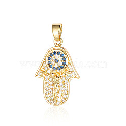 Brass Micro Pave Cubic Zirconia Pendants, Hamsa Hand with Evil Eye Charms, Real 18K Gold Plated, 22x15x2.3mm(ZIRC-OY001-38G)