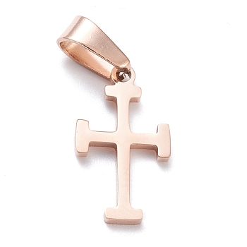 Ion Plating(IP) 304 Stainless Steel Pendants, Laser Cut, Cross, Rose Gold, 19.5x11x1.5mm, Hole: 3.5x7mm