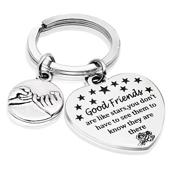 Stainless Steel Heart Lettering Pendants Keychain, for Good Friend Graduation Gift Celebration, Stainless Steel Color, 5.2cm