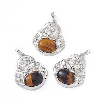 Natural Tiger Eye Pendants, Buddha Charms, with Platinum Tone Rack Plating Brass Findings, Cadmium Free & Lead Free, 39x32x9.5mm, Hole: 8x4.5mm