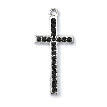 Rack Plating Alloy with Black Rhinestone Pendants, Cross, Platinum, 33x15x2mm, Hole: 1.8mm