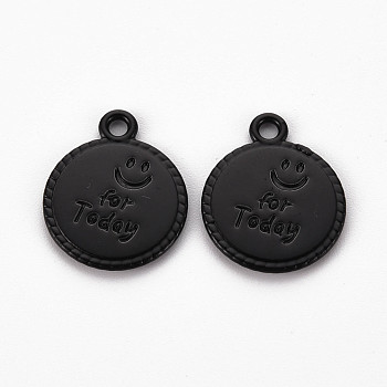 Spray Painted Alloy Pendants, Cadmium Free & Lead Free, Flat Round with Word For Today, Black, 17x14x1.5mm, Hole: 1.8mm