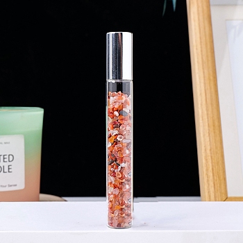 Natural Red Agate Chip Bead Roller Ball Bottles, with Cover, SPA Aromatherapy Essemtial Oil Empty Glass Bottle, 10.7cm