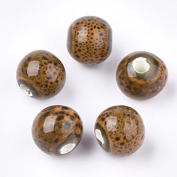 Handmade Porcelain Beads, Fancy Antique Glazed Porcelain, Round, Orange, 10.5~11x9.5mm, Hole: 2.5mm