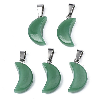 Spray Painted Glass Pendants, with Platinum Plated Brass Bails, Imitation Jade, Moon, Green, 21.5x10.5x6mm, Hole: 4mm