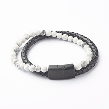 Natural Howlite Round Beads Multi-strand Bracelets, with Braided Cowhide Leather, White, 8-7/8 inch(22.5cm)