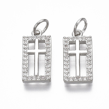 Brass Micro Pave Clear Cubic Zirconia Pendants, with Jump Ring, Nickel Free, Rectangle with Cross, Real Platinum Plated, 15x7.5x2mm, Hole: 3mm