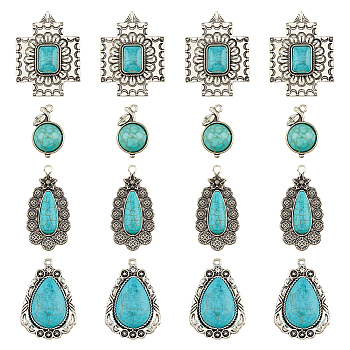 16Pcs 4 Styles Alloy Pendants, with Synthetic Turquoise, Cherry & Cross & Teardrop, Antique Silver, 30~49x18~35x6.5~8mm, Hole: 2~4mm, 4pcs/style