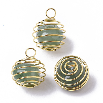 Iron Wrap-around Spiral Bead Cage Pendants, with Natural Green Aventurine Beads inside, Round, Golden, 21x24~26mm, Hole: 5mm