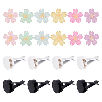 12 Sets 2 Colors Self Adhesive Plastic Car Air Freshener Vent Clips, with Iron Finding, and 12Pcs 6 Colors Resin Sakura Cabochons, Mixed Color, Clips: 40x24mm, Cabochons: 26x27.5x5mm