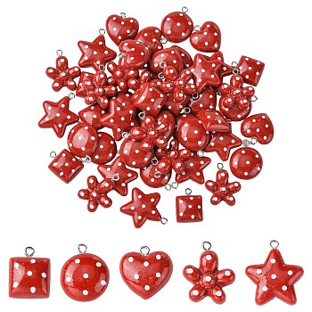 50Pcs 5 Styles Polka Dot Theme Opaque Resin Pendants, with Platinum Tone Alloy Loops, FireBrick, Mixed Shapes, 19.5~27x15.5~23x6~7mm, Hole: 2mm, 10pcs/style