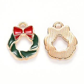 Alloy Enamel Charms, for Christmas, Christmas Wreath with Bowknot, Light Gold, Dark Green, 15x12x2mm, Hole: 1.8mm