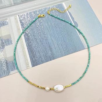 Elegant Freshwater Pearl Oval Pendant Necklaces, Natural Amazonite Beaded Necklaces for Women, 15.35 inch(39cm)