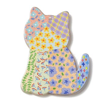 Printed Acrylic Pendants, Cat Shape Flower Charm, Colorful, 37.5x29x2mm, Hole: 1.5mm