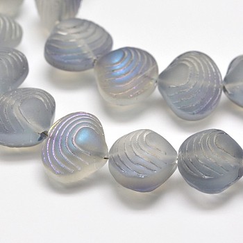 Frosted Electroplate Glass Shell Beads Strands, Rainbow Plated, Lavender, 12x14.5x10mm, Hole: 1mm, about 32pcs/strand, 16 inch