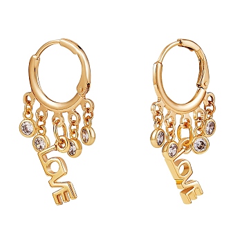 Word Love Brass Dangle Huggie Hoop Earrings, Clear Cubic Zirconia Drop Chandelier Earrings for Women, Golden, 35mm, Pin: 0.8mm