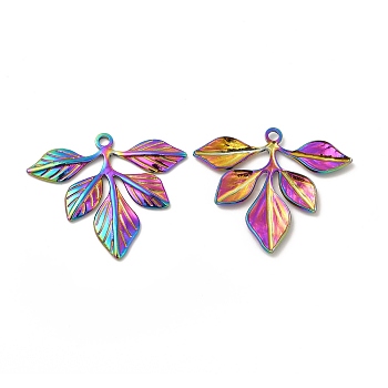 Ion Plating(IP) 304 Stainless Steel Pendants, Leafy Branch Charms, Rainbow Color, 29x35x2mm, Hole: 2mm