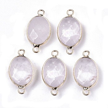 Natural Quartz Crystal Links Connectors, Rock Crystal, with Light Gold Tone Brass Findings, Oval, Faceted, 27.5x14.5x6mm, Hole: 2mm
