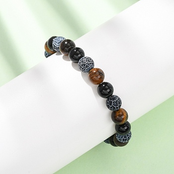 Natural Tiger Eye & Weathered Agate & Glass Beads Stretch Bracelets for Women Men, Round, Beads: 8~8.5mm, Inner Diameter: 1.97~2.17 inch(5~5.5cm)