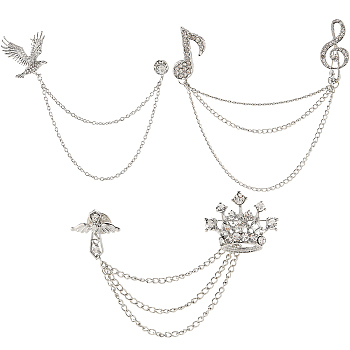 3Pcs 3 Style Crown & Eagle & Music Note Crystal Rhinestone Hanging Chain Brooches, Alloy Lapel Pins for Career Suit Tuxedo of Shirts Tie Hat Scarf, Platinum, 115~180mm, Pin: 0.7~1mm, 1Pc/style