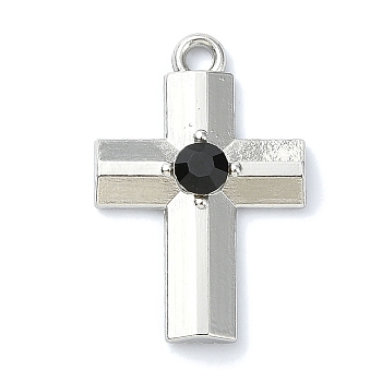 Rack Plating Alloy with Black Rhinestone Pendants, Cross, Platinum, 23x15x4mm, Hole: 1.8mm