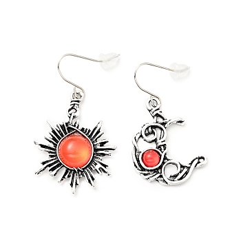 Resin Beaded Moon and Sun Asymmetrical Earrings, Alloy Dangle Earrings for Women, Orange Red, 40.5~45mm, Pin: 0.6mm