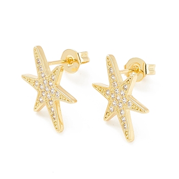 Clear Cubic Zirconia Star Stud Earrings, Brass Jewelry for Women, Cadmium Free & Nickel Free & Lead Free, Real 18K Gold Plated, 16x9.5mm, Pin: 0.6mm