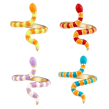 4Pcs 4 Colors Snake Golden Cuff Rings for Women, Brass Enamel Open Rings, Mixed Color, US Size 6 1/2(16.9mm), 1pc/color