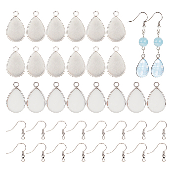102 Pcs Stainless Steel Earring Kits, Including Teardrop Pendant Cabochon Settings and Earring Hooks, Stainless Steel Color, 21x13.5x1.5mm, Hole: 2mm, Tray: 18x13mm