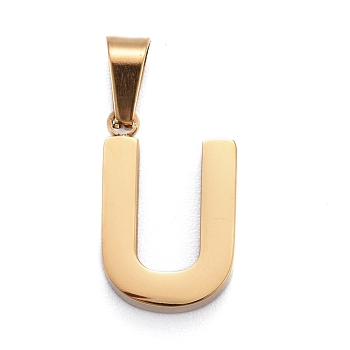 Ion Plating(IP) 304 Stainless Steel Letter Pendants, Manual Polishing, Alphabet, Golden, Letter.U, 18.5x12x4mm, Hole: 6.5x3.5mm