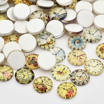 Clock Printed Glass Cabochons, Half Round/Dome, Mixed Color, 12x4mm
