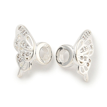 Brass Cubic Zirconia Beads, Long-Lasting Plated, Lead Free & Cadmium Free, Butterfly, Silver, 15x8x9mm, Hole: 3mm