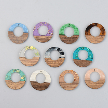 Resin & Walnut Wood Pendants, Ring, Mixed Color, 28x3mm, Hole: 2mm