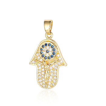 Brass Micro Pave Cubic Zirconia Pendants, Hamsa Hand with Evil Eye Charms, Real 18K Gold Plated, 22x15x2.3mm